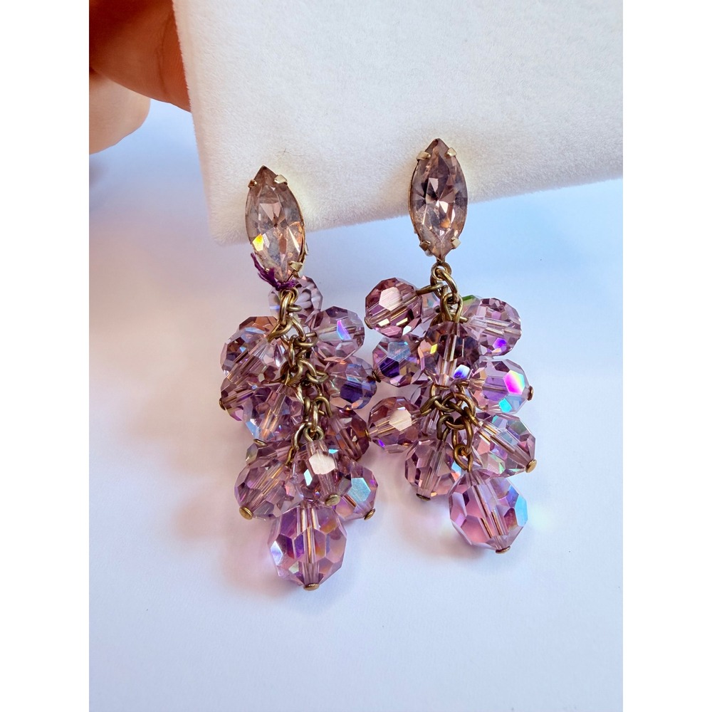 Lavender pink Aurora Borealis Crystal Clip Earrings: Vintage Gold Tone Dangle